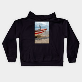 Traditional crab fishing boat on Cromer beach Kids Hoodie